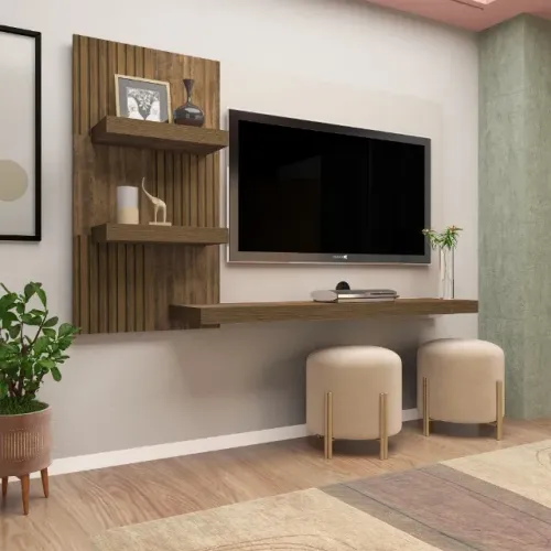 Painel de TV até 50 Polegadas Novo Chess Off White com Madeirado + Pronta Entrega + Brinde