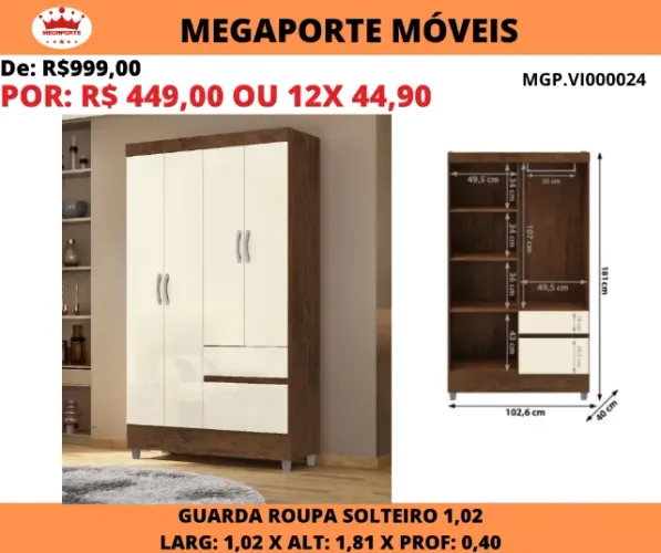 Guarda Roupa Solteiro Ideal 4P 2G