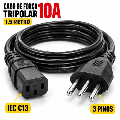 Cabo de Força PC Tripolar 3 Pinos 1,5m 10A Novo - Monitor Impressora TV Nobreak