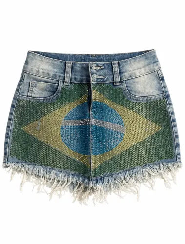 Shorts Jeans Brasil com Strass - Copa do Mundo