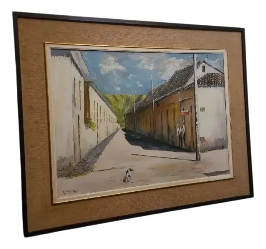 P. Carneiro - Quadro Antigo Casario Óleo Sobre Eucatex (Usado) P. Carneiro - Quadro Antigo