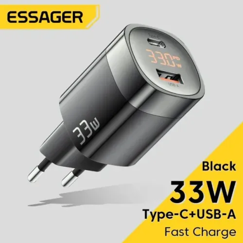 Carregador Digital de Tomada Celular Essager 33w Duas Portas Tipo C e Usb A