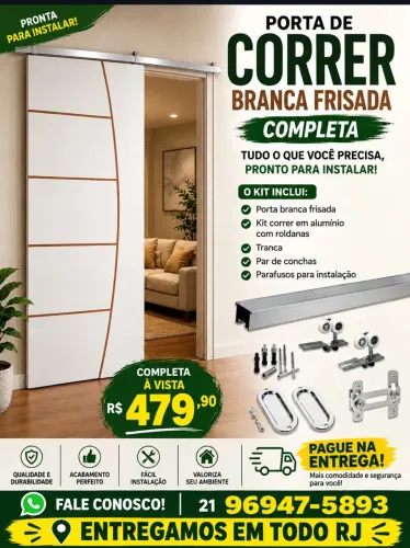 PORTA DE CORRER MADEIRA MOGNO OU BRANCA KIT COMPLETO