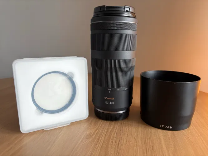 Lente Canon RF 100-400mm f/5.6-8 IS USM com para-sol e filtro UV 67mm K&F Concept