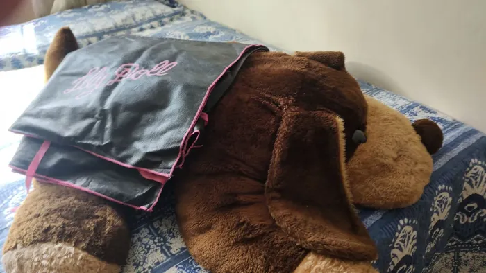 Vendo uma pelúcia grande e lindo. Ele mede 0,80 cm vai com um saco lindo pade comprimento.