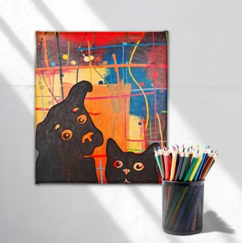 Quadro Decorativo de Cão e Gato com fundo abstrato