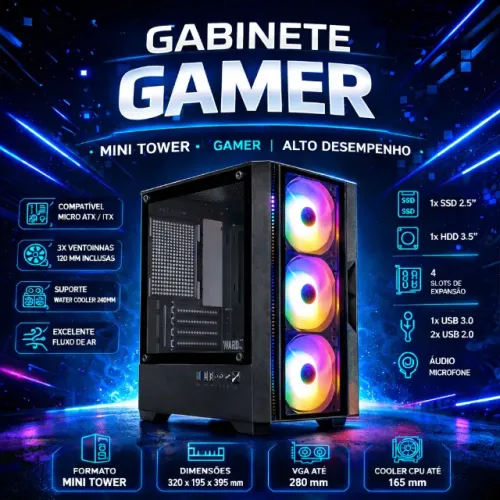 Gabinete Gamer   Lateral de Vidro Com 3 Fans 