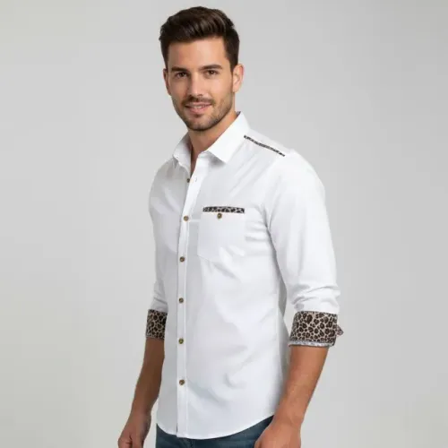 Camisa Social Masculina Branca Manga Longa Detalhe Onça Slim