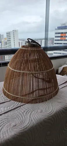 Luminária Pendente Cúpula Em Fibra Rústica Natural - Estilo Boho