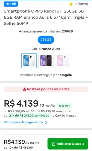 Smartphone OPPO Reno16 F 256GB 5G 8GB RAM Branco Câm. Tripla + Selfie 50MP