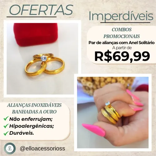 Par de Alianças banhadas a Ouro com Anel solitário e Caixa de veludo 