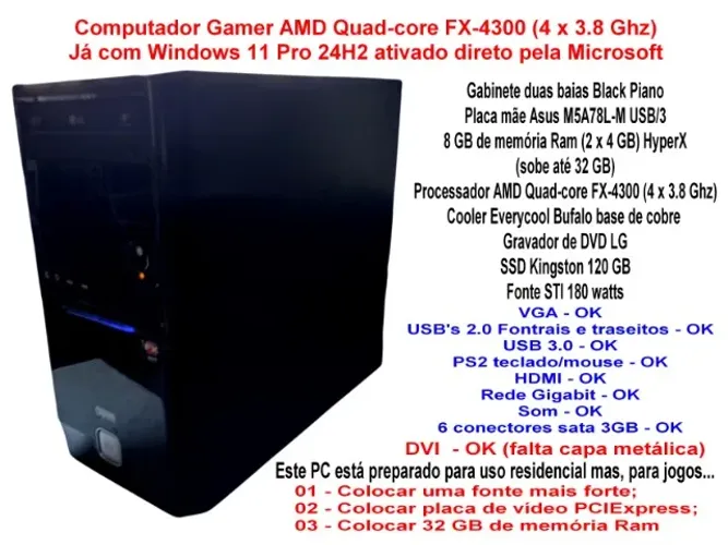 Computador Gamer AMD Quad-core FX-4300 (4 x 3.8 Ghz) Descrição nas fotos!