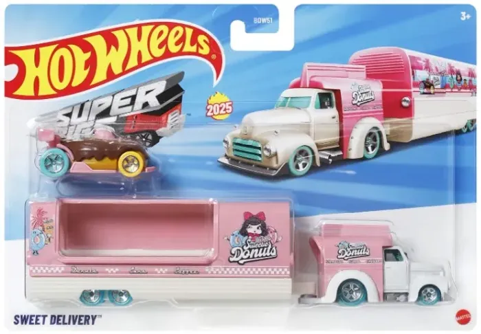 carrinhos Hot Wheels food truck com carreta e carro Donuts chocolate