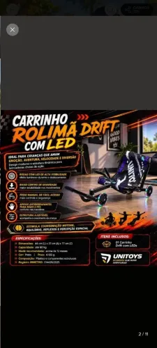 Carrinho Infantil Para Drift Com Led De Rolima - Preto