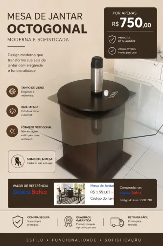 Mesa de Jantar Octogonal de Vidro - Excelente Estado | Apenas R$ 750