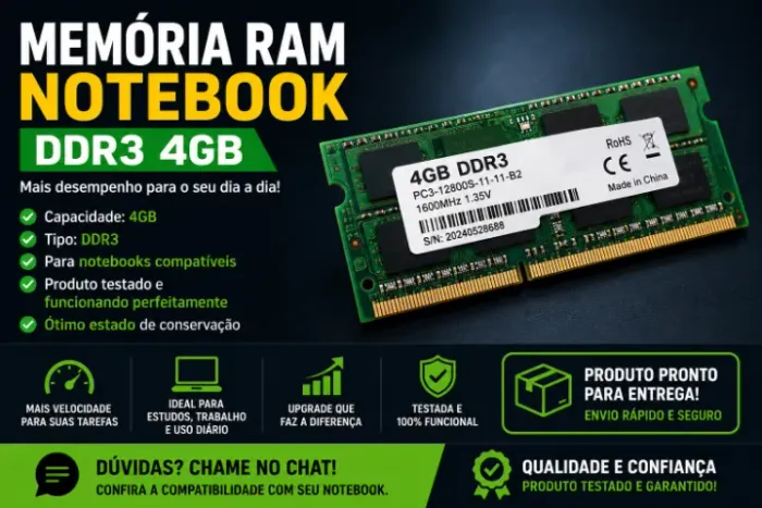 Memória RAM Notebook DDR3 4GB - Testada e Funcionando Perfeitamente