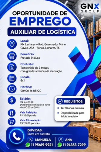 Vaga de Emprego - Aux de Logística INICIO IMEDIATO