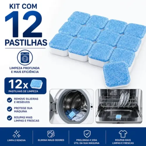 Kit 12 Pastilhas para Limpeza Higienizar Máquina de Lavar