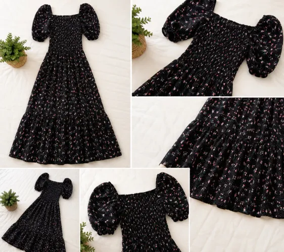 Vestido Midi Floral Preto com Lastex e Manga Bufante Tamanho Único