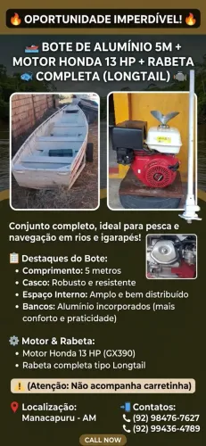 BOTE COM MOTOR GX390 (13HP) COMPLETO