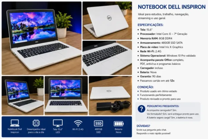 NOTEBOOK DELL - PROCESSADOR INTEL ICORE I5, 7°GER - 8GB DE RAM - 480GB SSD (PROMOÇÃO)