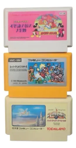 3 cartucho de Famicom: Mickey Mouse; Super Mario Bros.; Hydlide (lote 3 cartuchos de NES)