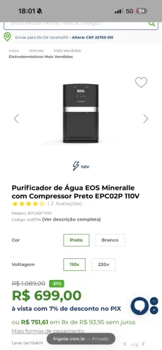 Purificador Filtro de Água EOS Mineralle com Compressor Preto EPC02P 110V