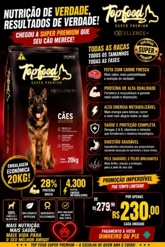 Ração super premium topfood 20kg ,PROMOÇÃO, FAZEMOS ENTREGAS EM TODO DF