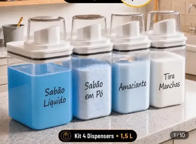 Kit 4 Porta Sabão Pó Líquido Dispenser Lavanderia Herméticos