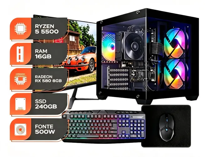 PC Gamer Completo Ryzen 5 5500, RX 580, 16GB DDR4, SSD 240GB com Monitor e Kit Periféricos