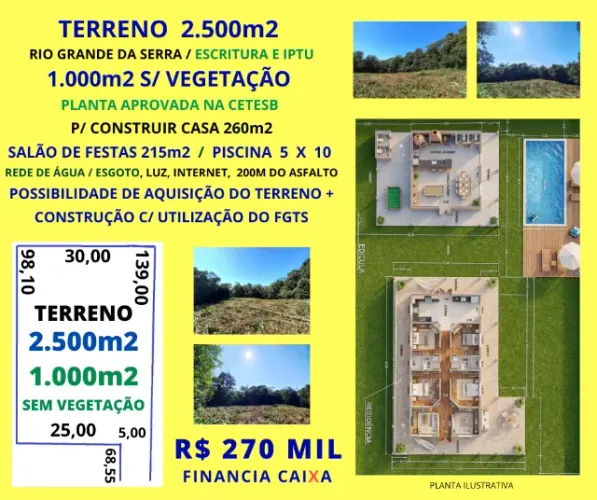 Área 2500m2 Planta Aprovada p/ Construção de Chácara Rio Gde da Serra Estuda Parcelamento