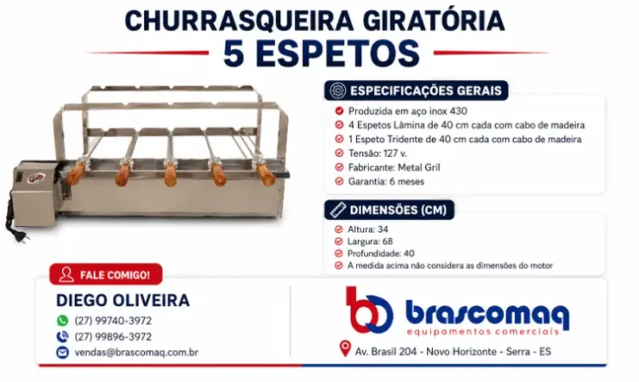Churrasqueira Alvenaria 5 Espetos Metal Gril 