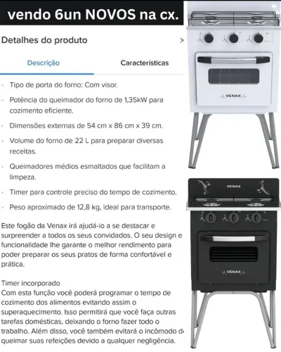 Fogão 2 bocas Gás Retrô c/ forno