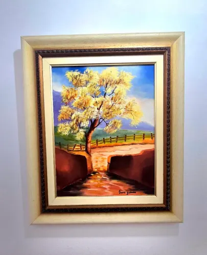 Quadro pintura à oleo árvore amarela com moldura bege