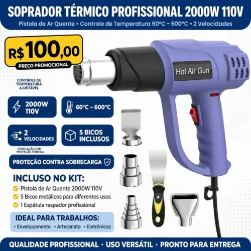 Soprador Térmico Profissional 2000W 110V, Pistola de Ar Quente com Controle de Temperatura