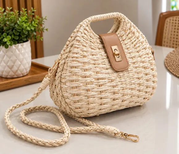 Bolsa Feminina de Palha Artesanal Bege com Alça Transversal