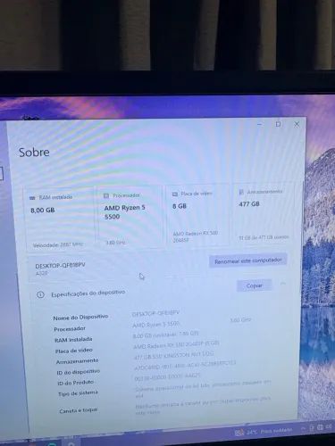 PC Gamer Ryzen 5 5500 + RX 580 8GB + SSD 512GB