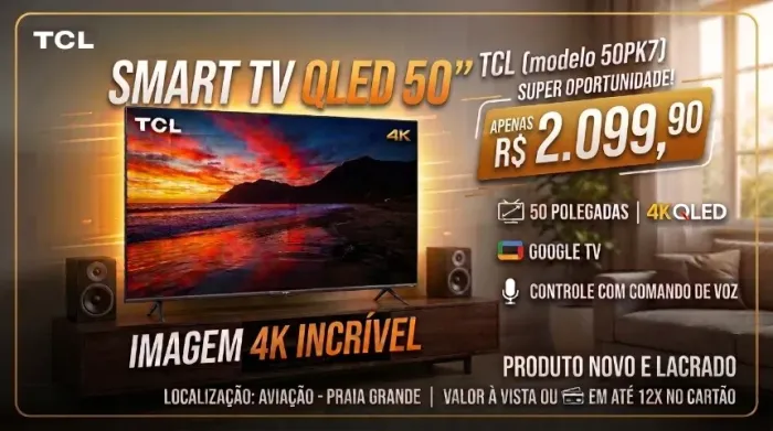 Smart TV TCL 50" 4K QLED 50PK7 / Wifi / Controle com Comando de Voz / PRODUTO LACRADO