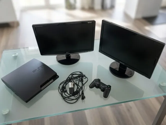 ? PS3 Slim Desbloqueado HEN + 2 Monitores | Pronto para Jogar