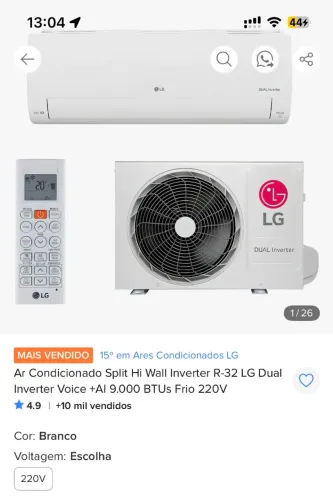 AR CONDICIONADO LG DUAL INVERTER 9.000 BTUs - FRIO - 220V