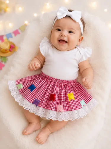 Saia xadrez junina para bebê 1-3 meses 