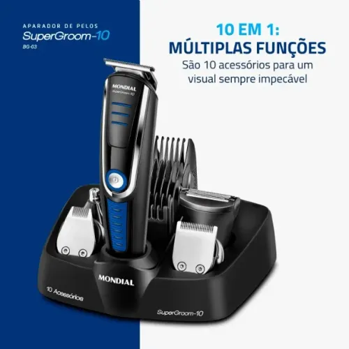 Aparador de Pelos Super Groom 10, Mondial, Preto/Azul, 6W, Bivolt - BG-03