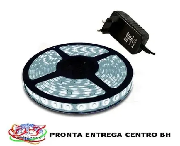 Fita Led 5050 Branco Frio 5M 300 Leds Fita Mais Grossa 24w Rolo + Fonte 12v 2A