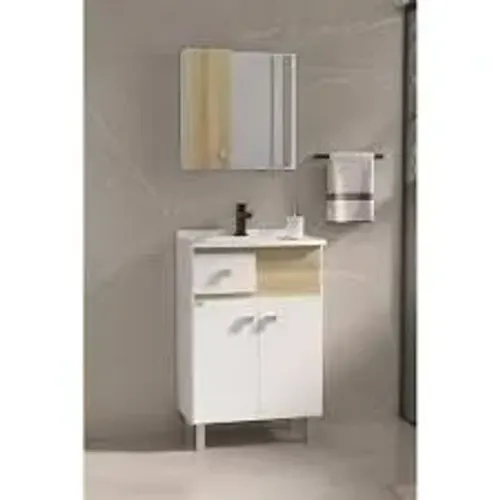 Conjunto Balcão para Banheiro com Pé e Espelheira Fabribam Pop Branco e Carvalho 60cm