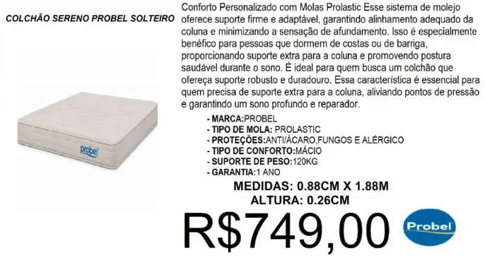 Colchão sereno probel solteiro - entrega gratuita!