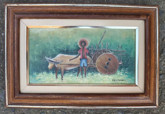 Quadro Antigo Óleo Sobre Tela G. Vinah - Carro De Boi 31x21 cm
