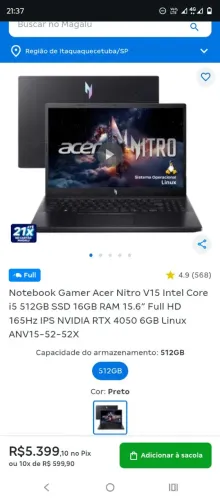Acer nitro v15 16gb zerado