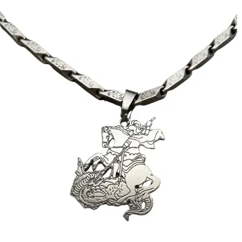 Colar Corrente Masculina Pingente Sao Jorge Aço Prateado