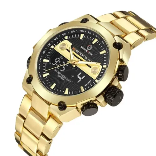 Relógio Original Goldenhour cor Dourado Dual Time à Prova D'água 3 ATM 100% Novo e Origina