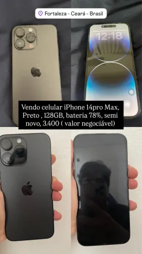 Vendo iPhone 14 Pro Max, 128 GB, bateria 78% Preto